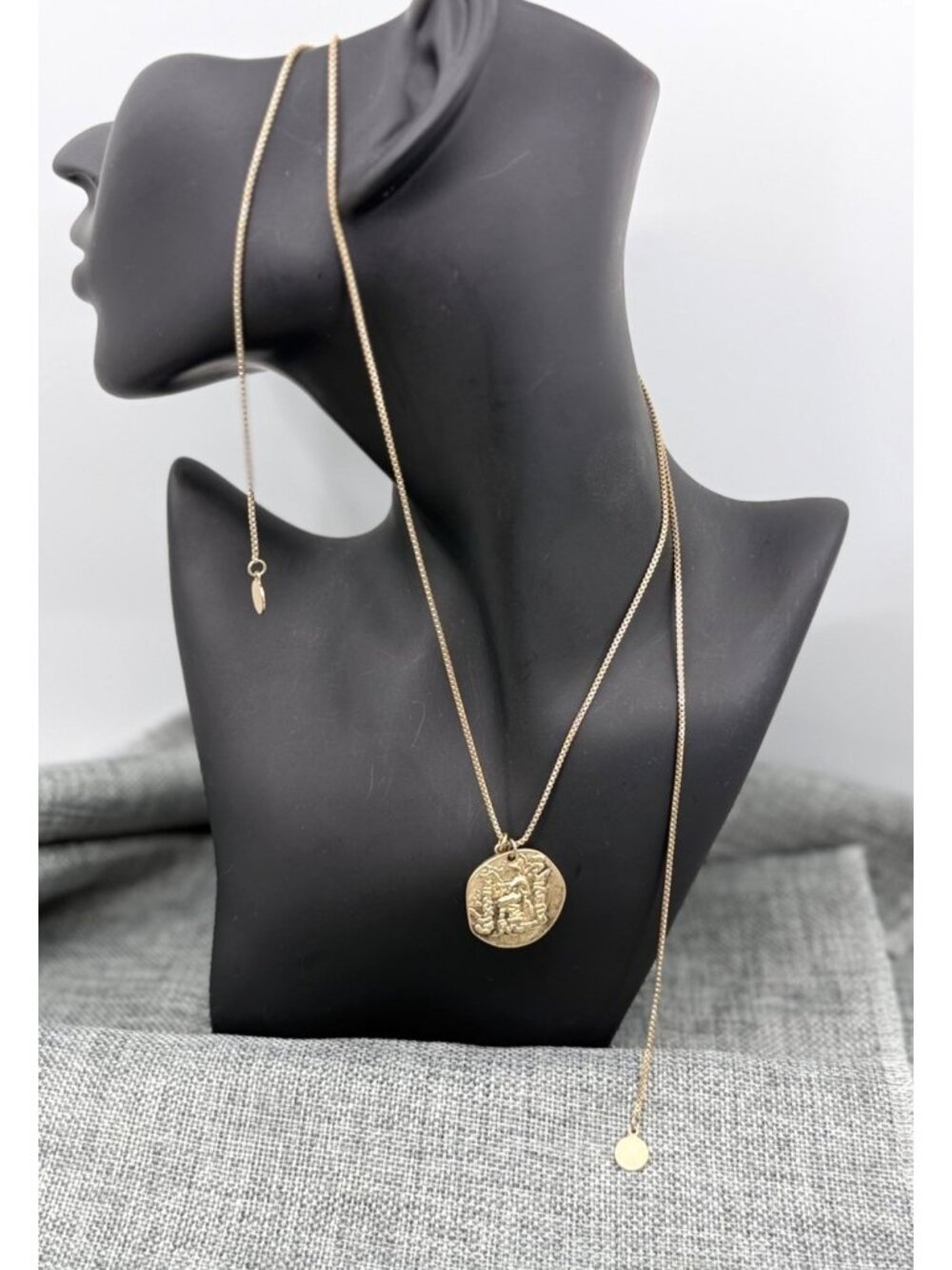 33.3" Chain, Lariat Style Clasp Gold Coin and Teardrop Howlite Pendants